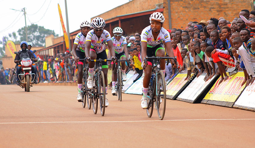 Genevieve Mukundente (in front) is seen here crossing the finish-line to win Rwamagana Circuit last month. /File.