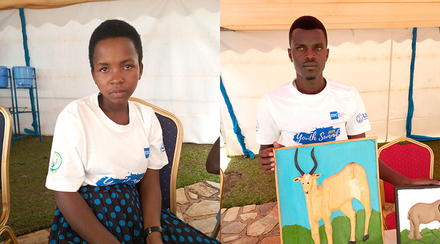 17-year-old Clarisse Iraguha (L), from Nyamata, Bugesera District, is in tailoring. Eric Tuganeyezu (R), 23, who hailis from Muhura, Gatsibo District, said he ditched school for his passion for artifacts.