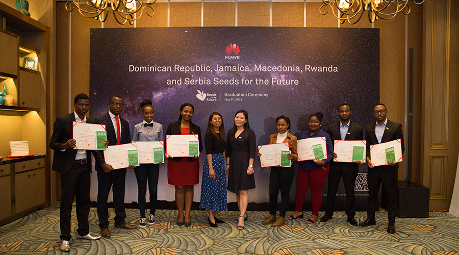 Rwandan students who took part in last yearu2019s edition of the u201cHuawei Seeds for the Futureu201d programme pose for a photo on their graduation day in Shenzhen, China. / Courtesy