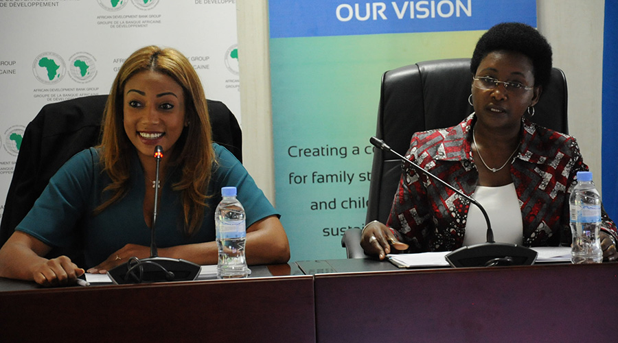 Soline Nyirahabimana, Minister of Gender and Family Promotion (R), and Vanessa Moungar, Director for Gender, Women and Civil Society at AfDB addressing journalists last week. / Courtesy 