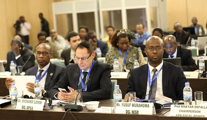 (R-L) Yusuf Murangwa, Director General of NISR, Dr Richard Levin; and Shediso Matona during the meeting on Sustainable Development Goals (SDGs) in Kigali on October 21, 2019. Emmanuel Kwizera.