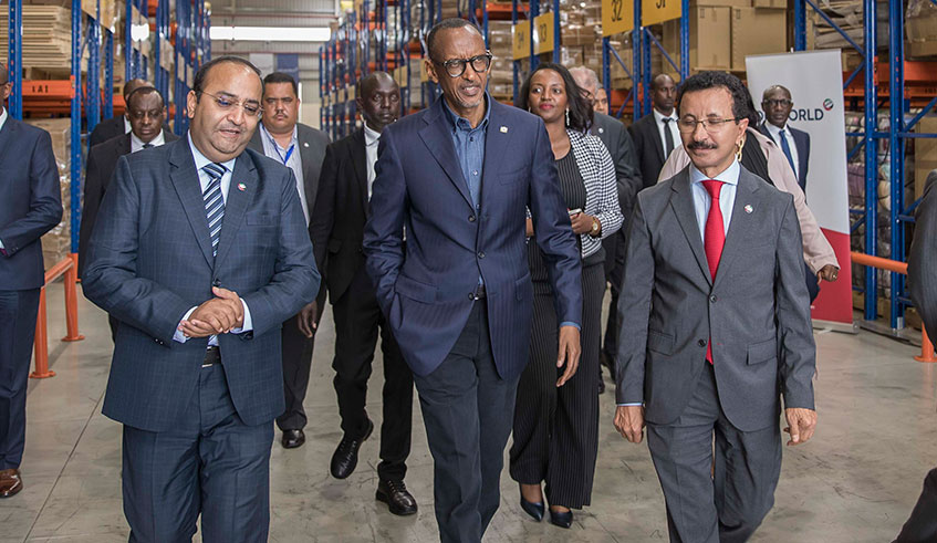 President Paul Kagame and DP World officials tour the Kigali Logistics Platform, a newly constructed  inland cargo handling facility in Masaka, Kicukiro District, yesterday.  Photo/Village Urugwiro.