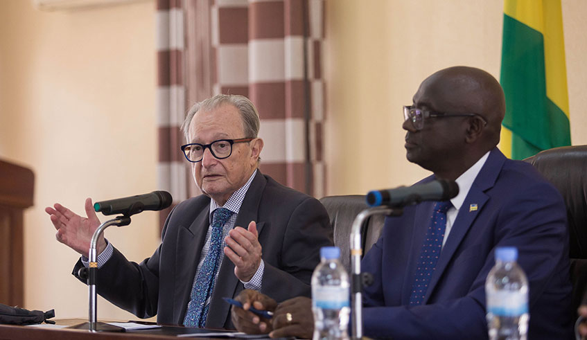 Judge Agius Carmel speaks during a meeting with the Minister for Justice Johnston Busingye in Kigali earlier this year. File.