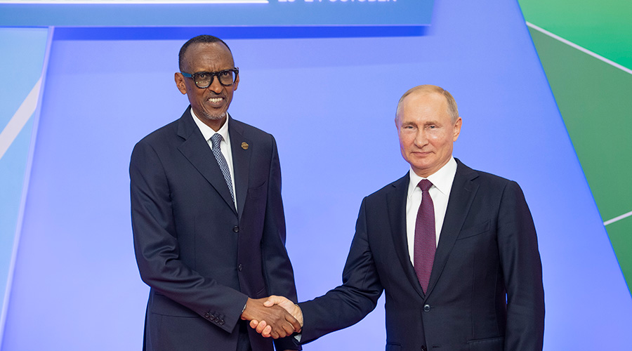 President Paul Kagame shakes hands with Russian President Vladimir Putin at the just-concluded Russia-Africa Summit in Sochi yesterday. The President said cooperation between Africa and Russia should focus on deriving practical results with clear mutual benefit and lead to building an equitable world order. / Village Urugwiro