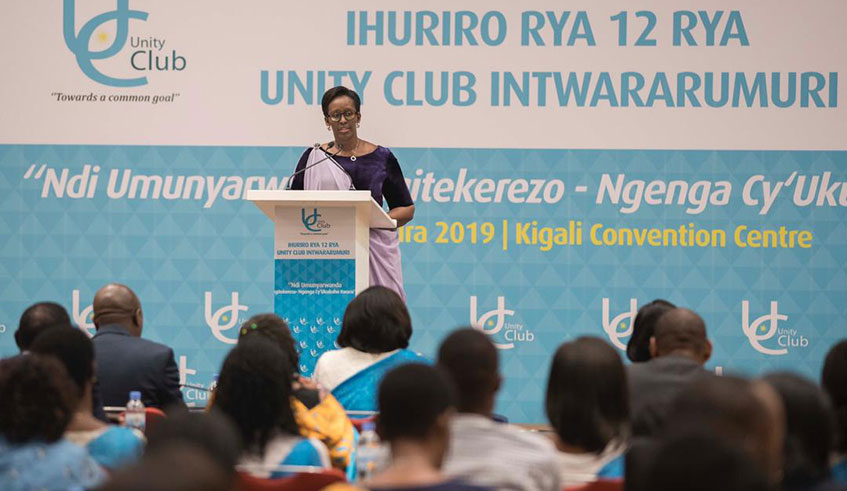 First Lady Jeannette Kagame delivers her remarks at the 12th Annual Forum of the Unity Club in Kigali yesterday. Courtesy.