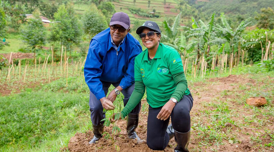 Vincent Biruta, Minister of Environment (R), and Ayaan Adam, Director of Private Sector Facility at GCF plant an agroforestry tree in Gicumbi District after launching the project on Saturday. / Courtesy