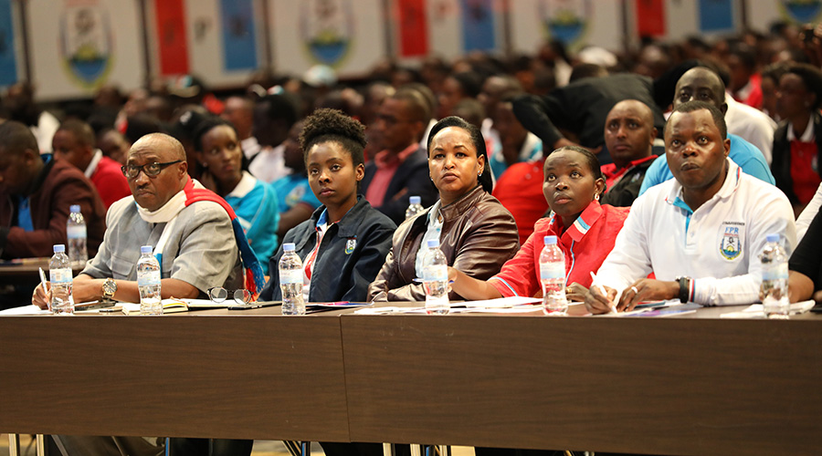 (L-R): Senior Advisor to the RPF Secretary-General, Protais Musoni, Assumpta Uwamariya, an entrepreneur, the Youth Minister Rosemary Mbabazi, RPF Commissioner Clarisse Uwanyirigira and Dr. Abdallah Utumatwishima, Director General of Rwamagana Hospital at the RPF National Youth League General Assembly yesterday. / Emmanuel Kwizera
