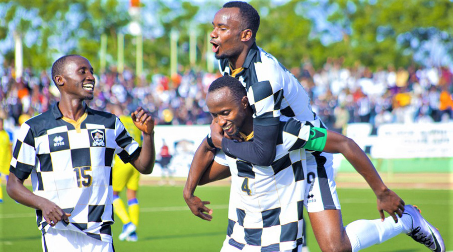 Thierry Manzi (#4) scored the second goal as APR edged AS Muhanga 2-0 at Kigali Stadium on Sunday. / Courtesy