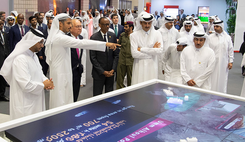 President Kagame and host His Highness Sheikh Tamim Bin Hamad Al Thani, the Emir of Qatar, tour the Smart City Expo in Doha on Tuesday. The Expo is organised as part of the Qatar Information Technology Conference and Exhibition. The Conference is organised by the Qatari Ministry of Transport and Communications, under the patronage of the Emir.  Photo: Village Urugwiro.
