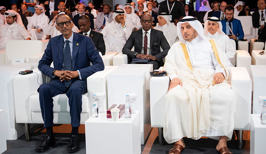 President Paul Kagame and Abdullah Bin Nasser Bin Khalifa Al Thani, the Qatar Prime Minister and Minister of Interior, at the Smart City Expo in Doha. Kagame said Africa is fortunate to be undergoing its urban revolution when smart cities technologies are evolving. Photo: Village Urugwiro.