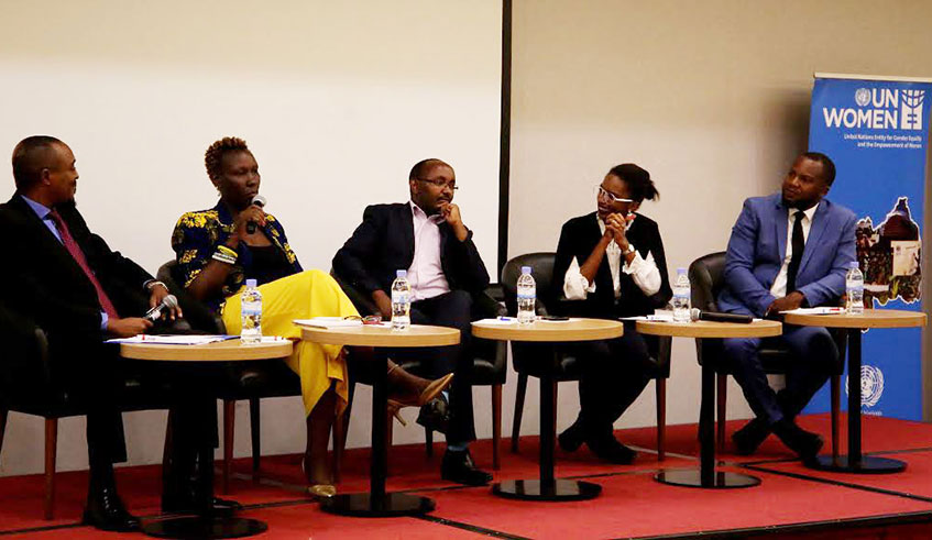 Panelists (R-L), Zindaba Chisiza, Dominique Alonga, Fidele Rutayisire, Annet Mukiga and the moderator, Clement Kirenga. Photos by Craish Bahizi