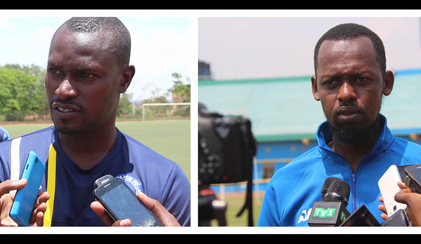Etincelles head coach Innocent Senginga (right), and Marines head coach Yves Rwasamanzi. Courtesy.