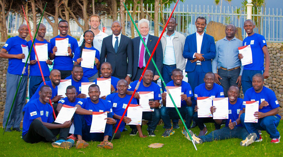 The seventeen coaches, the instructor and officials in a group photo after completing the two-week course in Gicumbi District on Friday. / Courtesy