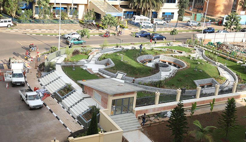 An aerial view of a new public garden, which is under development, in front of the City Hall. The Rwf226 million project, which started in January, is slated to be open to the public by the end of the year. It is complete with benches, user-friendly routes for people living with disability, public toilets and free Wi-Fi among other facilities. It is the latest addition to a number of recreational facilities aimed at beautifying the city and give its residents and visitors great experience.  Photo/Emmanuel Kwizera.