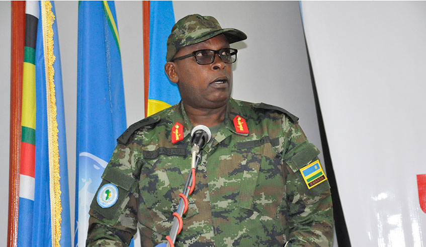 The Joint Chief of Staff at the Eastern Africa Standby Force Planning Element, Maj Gen Charles Rudakubana speaks at the event on Monday. Ru00e9gis Umurengezi.