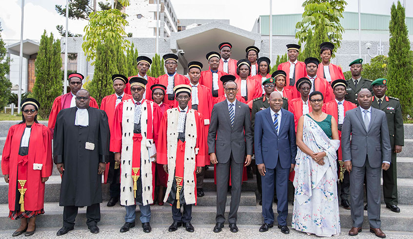 President Kagame, Senate President Augustin Iyamuremye (3rd right), Speaker of Parliament  Donatile Mukabalisa (2nd right) and Prime Minister  u00c9douard Ngirente (right) pose for a group photo alongside judges shortly after the President officiated at the launch of the 2019/2020 Judicial Year at Parliamentary Buildings in Kimihurura yesterday. Photo/Village Urugwiro
