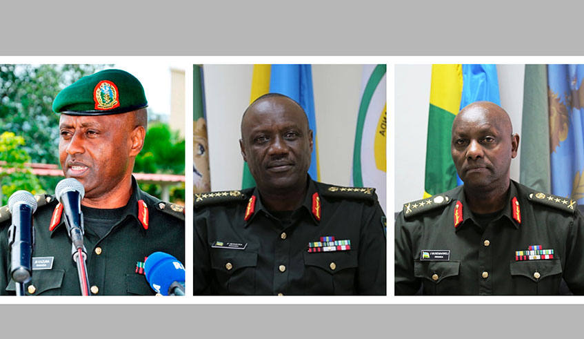 L-R: Newly appointed RDF Chief of Defence Staff Gen Jean-Bosco Kazura, RDF Reserve Force Chief of Staff Gen Fred Ibingira, and Inspector General of RDF Lt Gen Jacques Musemakweli. / Courtesy photos