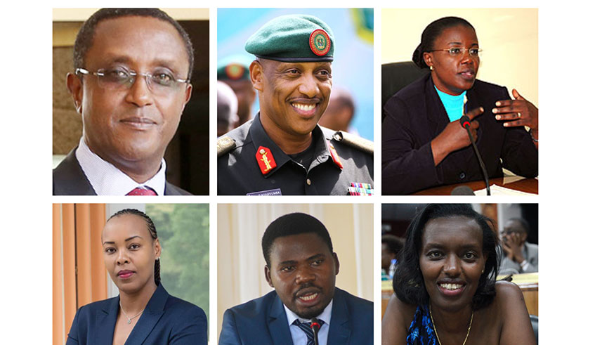 TOP: Dr Vincent Biruta, Minister for Foreign Affairs and Cooperation; Gen Patrick Nyamvumba, Minister for Internal Security; and Jeanne d'Arc Mujawamariya, Minister for Environment.  ABOVE: Aurore Mimosa Munyangaju, Minister for Sports; Edouard Bamporiki, State Minister in the Ministry of Youth and Culture; and Ignancienne Nyirarukundo, State Minister in charge of Social Affairs.