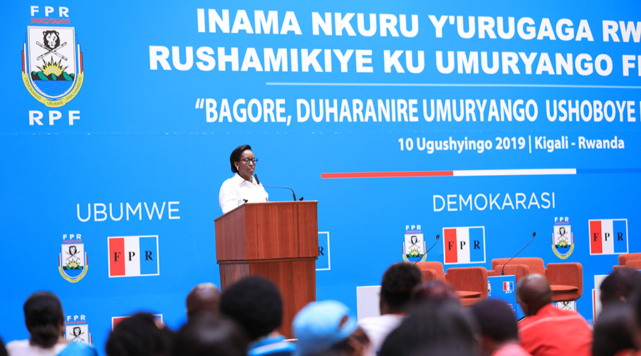 First Lady Jeannette Kagame delivers her remarks at the General Assembly of RPF Inkotanyi Women League at Intare Arena in Kigali on November 10, 2019. / Emmanuel Kwizera