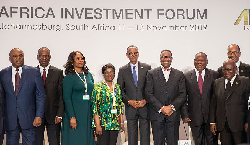 President Paul Kagame is joined by other continental leaders including South African President Cyril Ramaphosa, Ghanaian President Nana Akufo-Addo and AfDB President Akinwumi Adesina, among others, during the Africa Investment Forum in Johannesburg on Monday. The President said the African continent ought to seize every available opportunity to attract and nurture investments to live up to the narrative of u2018itu2019s Africau2019s timeu2019. The forum is hosted by the AfDB.  Photo/Village Urugwiro. 