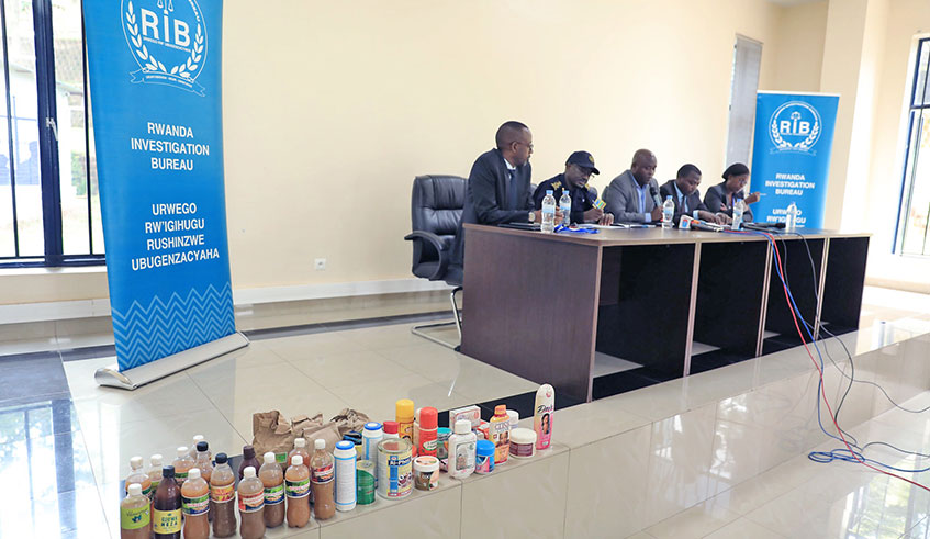 Some of the seized products on display during the media briefing at Rwanda Investigation Bureau in Kigali on November 11, 2019. Emmanuel Kwizera.