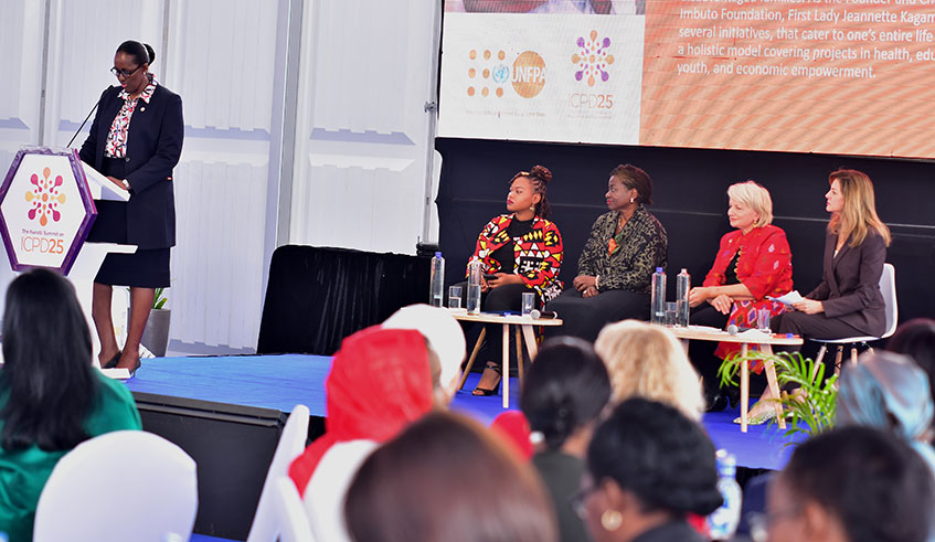 First Lady Jeannette Kagame yesterday, while addressing senior women leaders and other participants including youth from across the globe, as part of the 25th anniversary of the International Conference on Population and Development (ICPD) held in Nairobi, Kenya. Courtesy