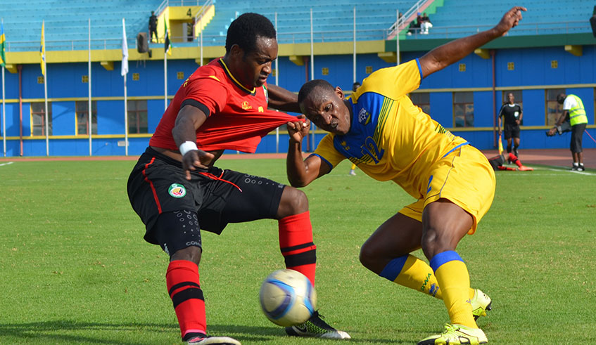 Jean Claude Iranzi (R) seen here during the last time Rwanda and Mozambique met in 2016 in Kigali, is part of Amavubiu2019s 23-man squad to face Mozambique on Thursday. Sam Ngendahimana.