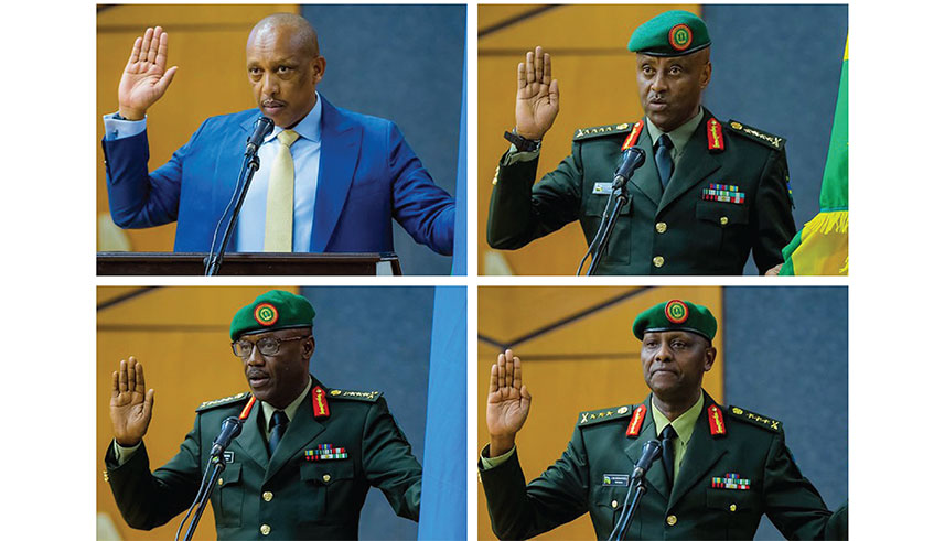 TOP: L-R: New security bosses; Gen Patrick Nyamvumba, Minister for  Internal  Security; Gen Jean Bosco Kazura, RDF Chief of Defence Staff and BOTTOM: Gen Fred Ibingira, Chief of Staff, Reserve Force and Lt. Gen Jack Musemakweli, Inspector General of RDF. (Photos by Emmanuel Kwizera)