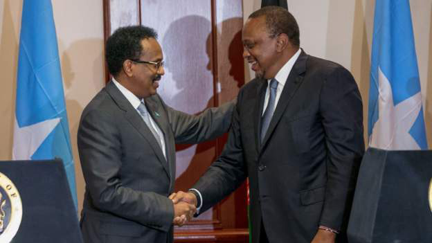President Abdullahi (L) travelled to Nairobi to meet with President Kenyatta for the first time since March when diplomatic relations soured. / Photo: Kenya State House