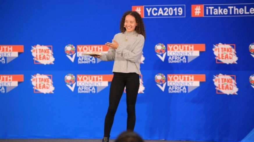 Yolanda Ngarambe addresses youth during the 2019 YouthConnekt Summit in Kigali. / File