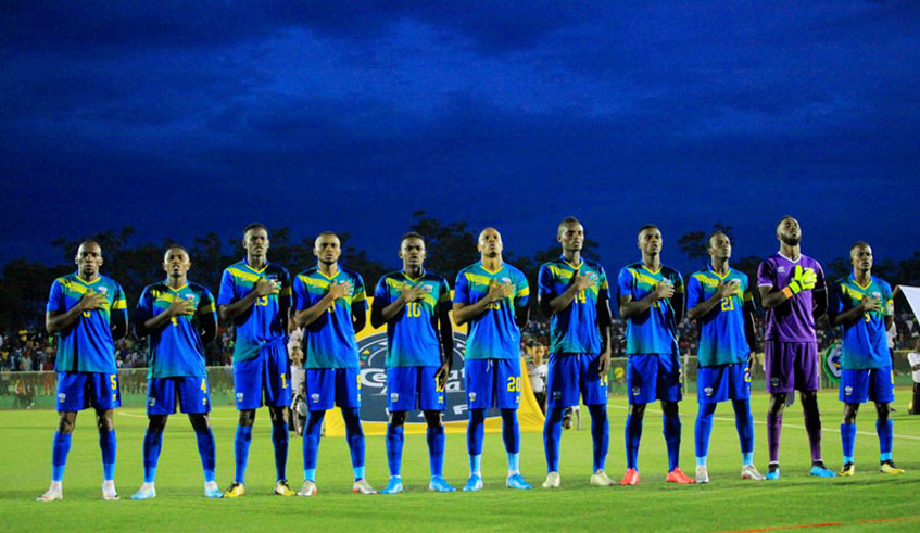 Amavubi stars sing the national anthem ahead of their match against Cameroon in Kigali on November 17, 2019. Courtesy.