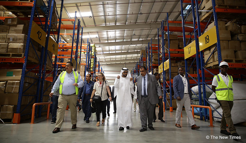 Mohammed Al Kamali the Deputy CEO of Dubai Exports (centre) and Carlos Salim Al Hashim, Vice President for Arab Union of Land Transport (3rd right) during a tour of Dubai Port World (DP World) in Masaka Sector, Kicukiro district on August 30. At the Global Business Forum Africa that is underway in Dubai, Rwanda is seeking to attract not only more investors from UAE but also others from different countries represented at the high-level forum. Emmanuel Kwizera.