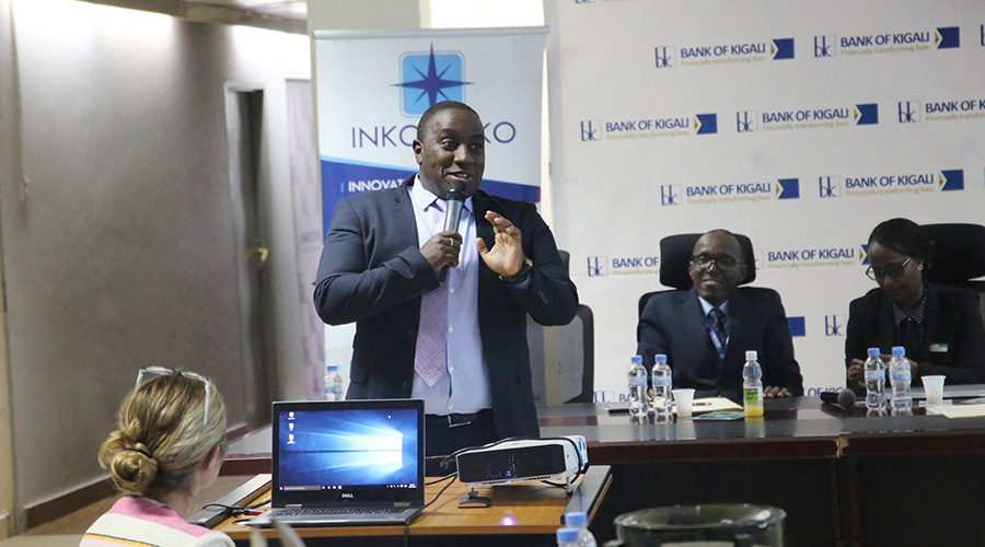 Head of Marketing at Bank of Kigali, Thierry Nshutiu00a0addresses after the contestants represent their projects at Kigali on Thursday. / Craishu00a0Bahizi