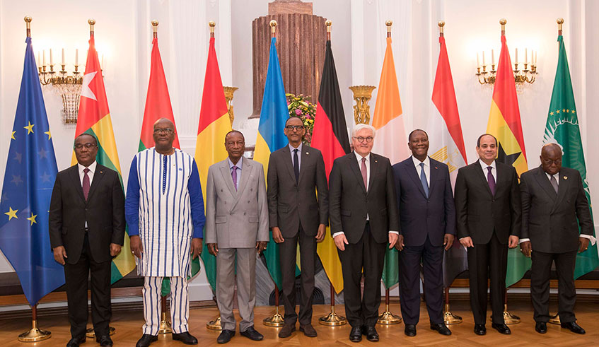 President Kagame with other African Heads of State in Berlin, Germany where they will take part in the G20 Compact with Africa Investment Summit. Twelve African countries have so far signed up for the partnership that was launched in 2017 with view to promote private investments in Africa. Village Urugwiro