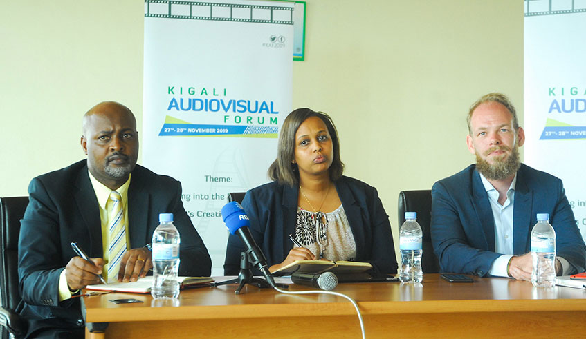 (L-R) Felix Siboniyo, Head of Single Project Implementation Unit at RDB, the head of Tourism and Conservation in RDB Ariella Kageruka and Victor Chudal-Linden, from GIZ during the news conference at RDB headquarters in Gishushu on Tuesday. Dan Nsengiyumva 
