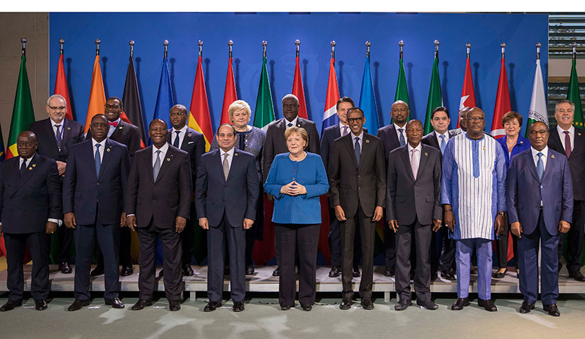 President Paul Kagame and other African leaders are joined by German Chancellor Angela Merkel during the G20 Compact with Africa held in Berlin, Germany on Tuesday. During the high-level meeting, Kagame made the case for Africa as a ripe destination for investment. Village Urugwiro.