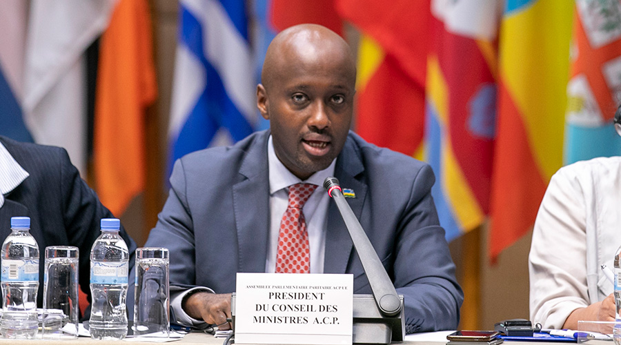 Amb Olivier Nduhungirehe, Minister of State in charge of the East African Community addresses the 38th session of the ACP-EU joint parliamentary assembly, in Kigali on Thursday, November 21, 2019. / Emmanuel Kwizera