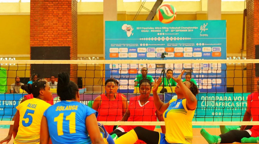 Kenya (on the other side of the net, in red) finished third to win bronze medals in womenu2019s category at the 2019 Africa Sitting Volleyball Championships held in Kigali, in September. / File