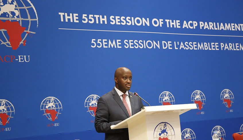 Minister of State in charge of the East African Community, Amb Olivier Nduhungirehe, makes his remarks at the 38th session of the ACP-EU joint parliamentary assembly, in Kigali. (Courtesy) 