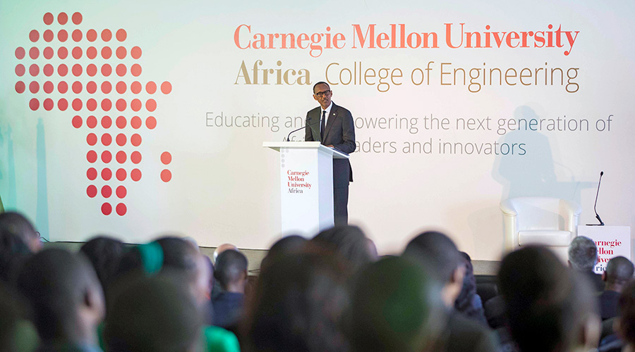 President Kagame addresses guests during the inauguration of the Carnegie Mellon University (CMU-Africa) new campus in Kigali Innovation City in Gasabo district on Thursday. The campus was built with funding by the African Development Bank and it is the first of five centres of excellence across Africa that the Bank has committed to build. / Village Urugwiro