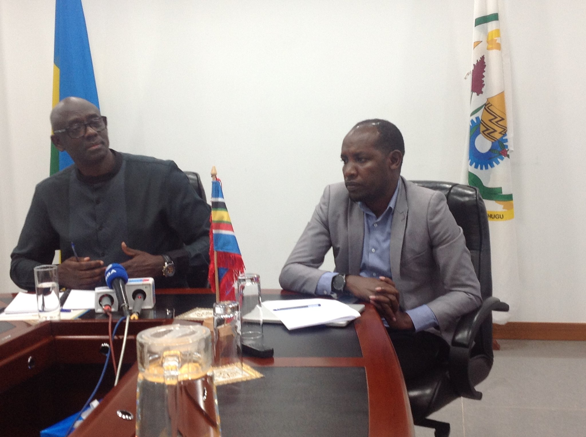 Justice Minister Johnston Busingye (L) speaks  to the media on Thursday at the Ministry headquarters-courtesy