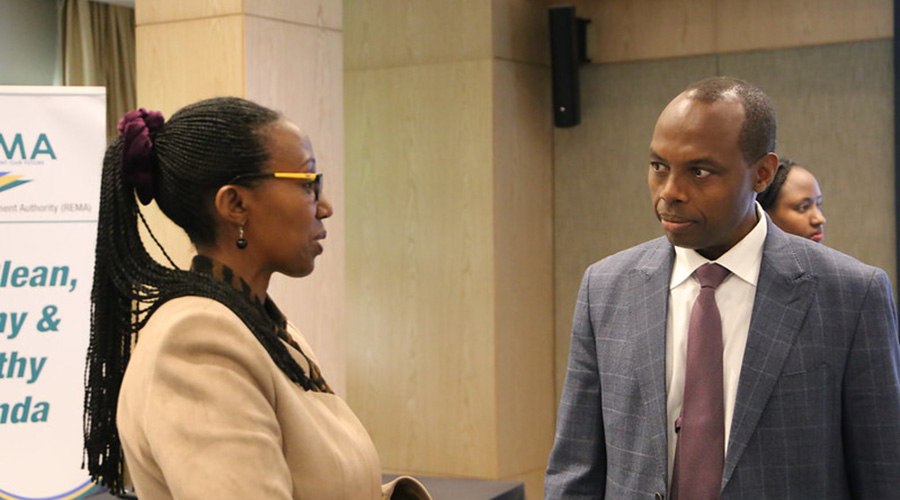 Francis Gatare, the CEO of Rwanda Mines, Petroleum and Gas Board (R) talks to Coletha Ruhamya, Director General of REMA recently. / Courtesy