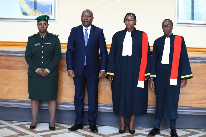 Lt Mukamana Christine (left) ; Prime Minister Edouard Ngirente; Uwase Alice and Habimana Donath, after the swearing-in ceremony on Monday, 25th, November./Courtesy 