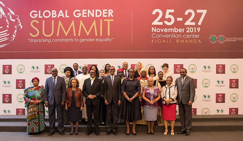 Some of the high-profile delegates at the Global Gender Summit with President  Paul Kagame and First Lady Jeannette Kagame in a group photo. The summit seeks to find solutions to persistent gender inequalities. Village Urugwiro.
