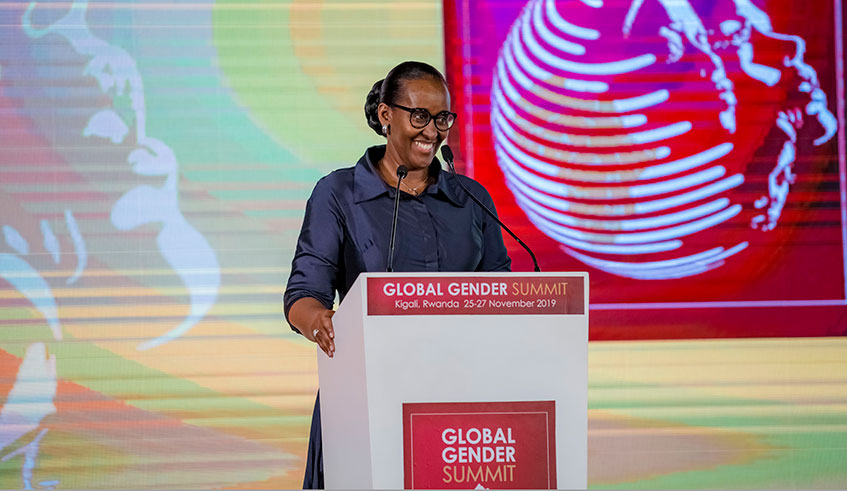 First Lady Jeannette Kagame delivers her remarks at a high-level plenary session during the Global Gender summit in Kigali yesterday. Courtesy.