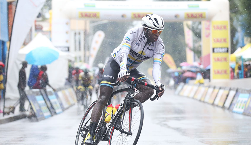 Tour du Senegal Champion Didier Munyaneza rides in his solo breakaway during  the 17th lap of Farmers Race in Musanze. The 21-year-old won the race on Saturday 23 November. Sam Ngendahimana.