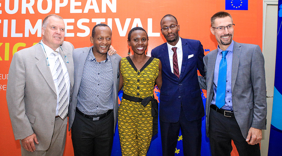 Birds Are Singing in Kigaliu2019 stars Eliane Umuhire and Hervu00e9 Kimenyi, Dida Nibagwire (middle) with her co-actors, and Rwandan filmmaker Eric Kabera poses with some of the actors and film enthusiasts at the festival. / Courtesy photos