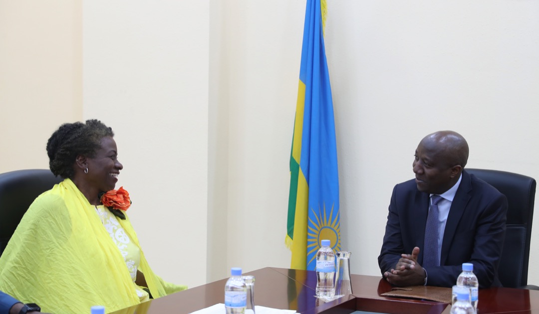 Prime Minister Edouard Ngirente having a chat with Natalia Kanem, Under Secretary General of UN and Executive Director of UNFPA, at the PM's office on Friday./Courtesy