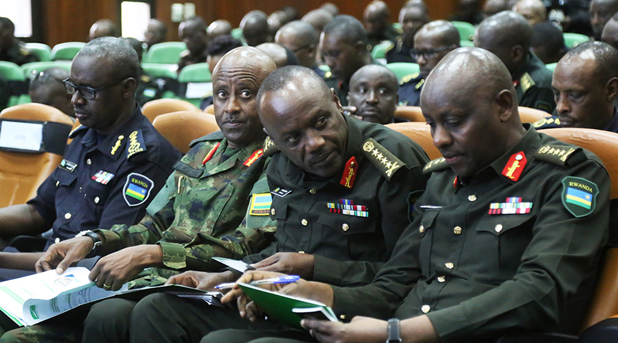 (L-R) Inspector General of Police Dan Munyuza, RDF Chief of Defence Staff Gen. Jean Bosco Kazura, RDF Reserve Force chief Gen. Fred Ibingira and the Inspector General of RDF Lt. Gen Jacques Musemakweli during the Zigama CSS General Assembly at the Ministry of Defence on Friday. Sam Ngendahimana.