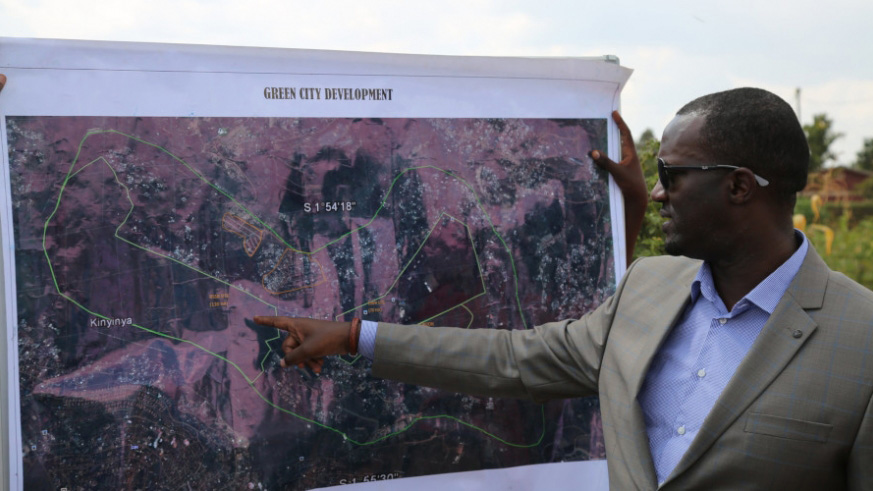 Green Fund Rwanda Chief Executive Officer Hubert Ruzibiza explains how the green city pilot site in Kinyinya will incorporate affordable housing with innovative financial and loan tools, including rent-to-own options. / Sam Ngendahimana